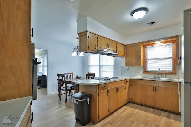 kitchen with sink, kitchen peninsula, hanging light fixtures, and light hardwood / wood-style flooring