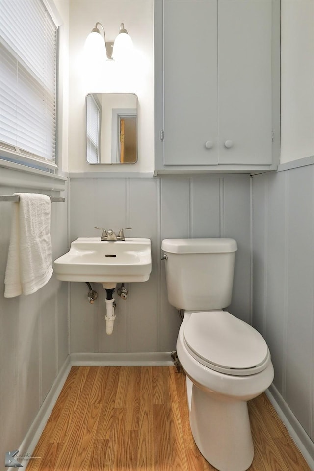 bathroom featuring toilet, wood-type flooring, and sink