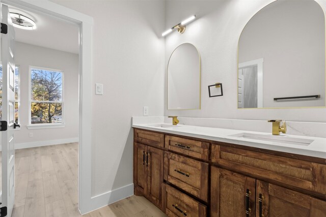 bathroom with vanity and wood-type flooring