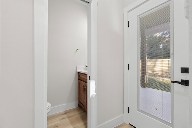 bathroom featuring vanity, hardwood / wood-style floors, and toilet