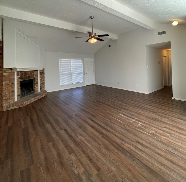 unfurnished living room featuring a textured ceiling, lofted ceiling with beams, ceiling fan, and dark wood-type flooring