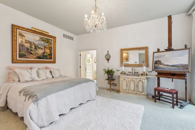 bedroom with light carpet, ornamental molding, and a notable chandelier