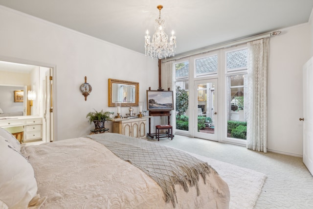 bedroom with access to exterior, ornamental molding, light carpet, and an inviting chandelier