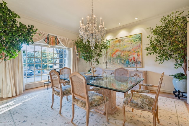 dining space featuring crown molding, light hardwood / wood-style flooring, and a chandelier