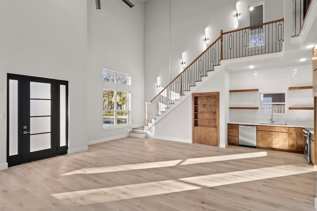 foyer with a high ceiling, light hardwood / wood-style floors, and sink