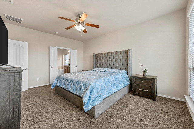 carpeted bedroom with connected bathroom and ceiling fan