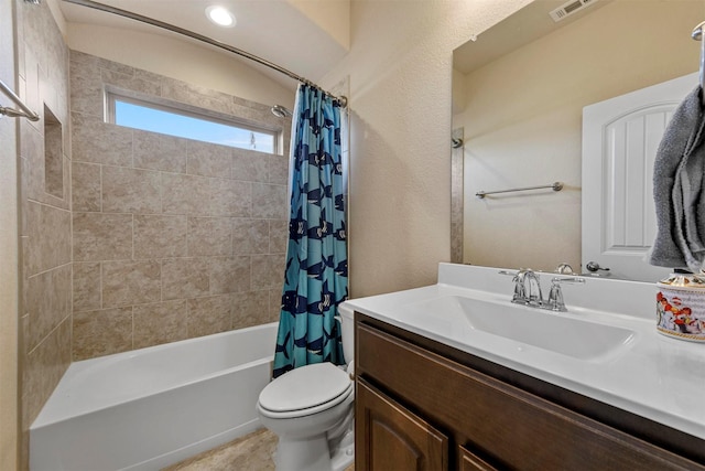 full bathroom featuring vanity, toilet, and shower / bathtub combination with curtain