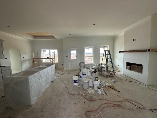 living area featuring a raised ceiling, a fireplace, baseboards, and ornamental molding