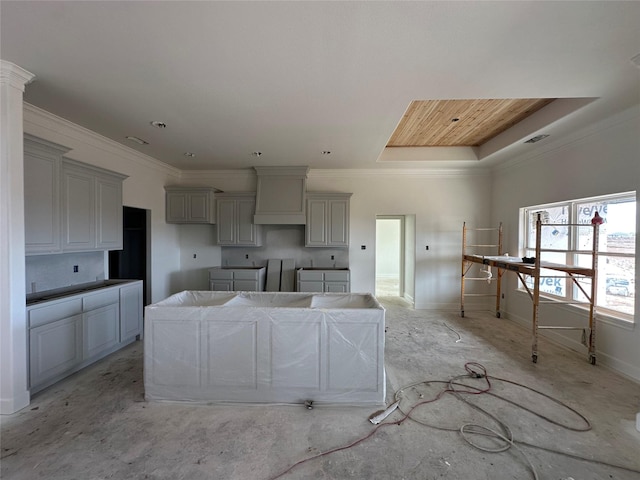 kitchen with gray cabinets, baseboards, a tray ceiling, and ornamental molding