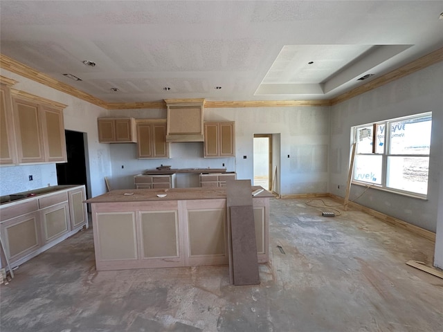 kitchen with light brown cabinets, visible vents, a center island, a tray ceiling, and custom range hood