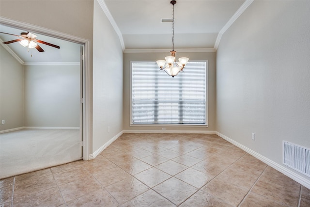 unfurnished room featuring lofted ceiling, light carpet, ceiling fan with notable chandelier, and ornamental molding