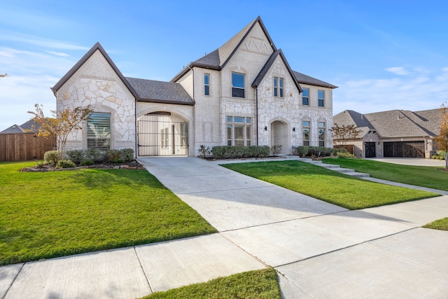 view of front of house with a garage and a front lawn