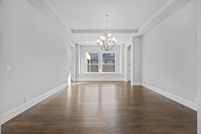 unfurnished dining area with dark wood-type flooring and a chandelier