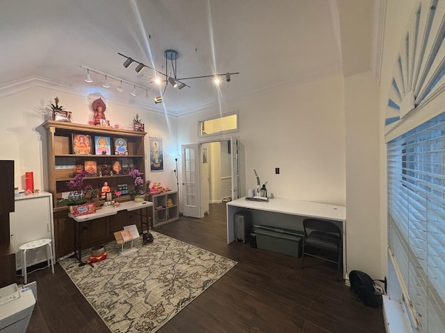 office featuring crown molding, rail lighting, and dark wood-type flooring