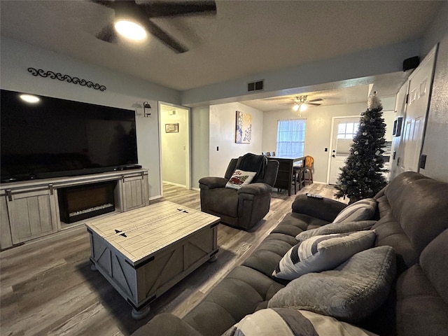 living room with ceiling fan and hardwood / wood-style floors