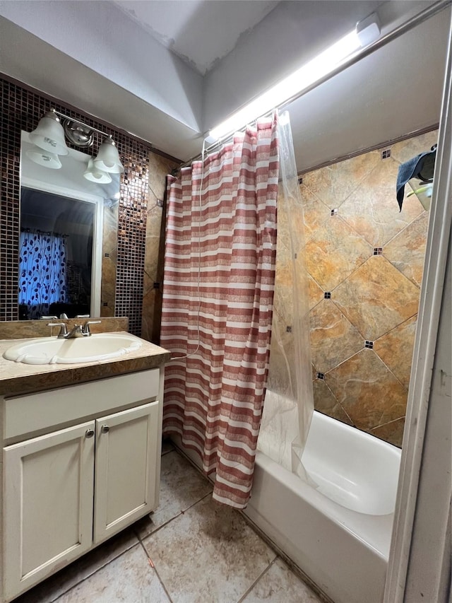 bathroom featuring vanity, shower / tub combo, and tile patterned flooring