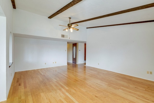 unfurnished room featuring beam ceiling, ceiling fan, and light wood-type flooring