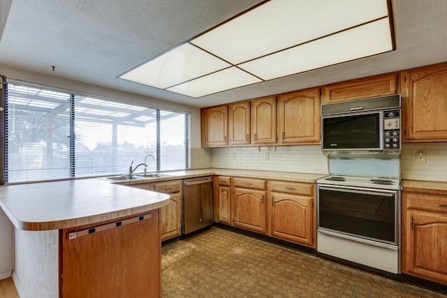 kitchen featuring backsplash, stainless steel dishwasher, a textured ceiling, sink, and white electric stove