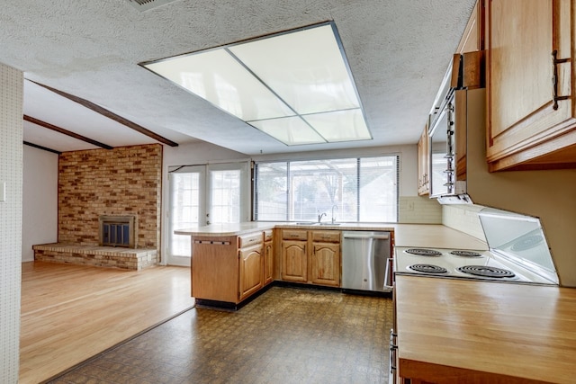 kitchen with kitchen peninsula, dark hardwood / wood-style floors, stainless steel dishwasher, and a wealth of natural light