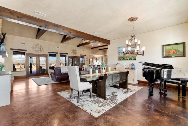 12201 Madison Ln, Justin, TX 76247 - dining space featuring finished concrete floors, beam ceiling, a chandelier, and baseboards