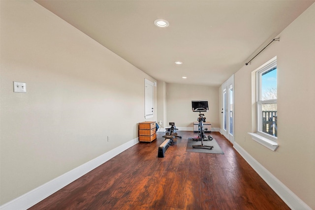 exercise room with dark hardwood / wood-style floors