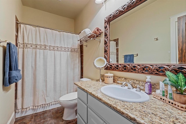 12201 Madison Ln, Justin, TX 76247 - bathroom featuring vanity, toilet, shower / tub combo, and tile patterned flooring