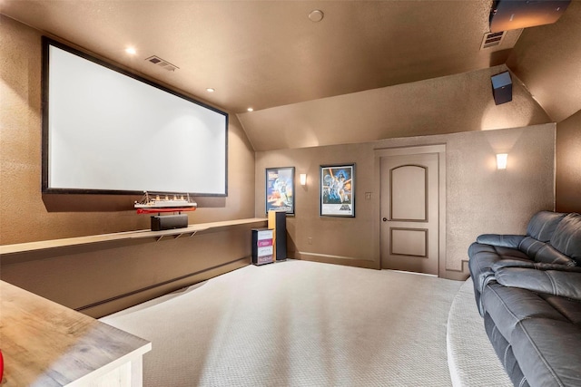 12201 Madison Ln, Justin, TX 76247 - carpeted home theater with lofted ceiling and a textured wall