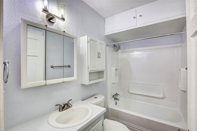 full bathroom with shower / bathing tub combination, vanity, and toilet