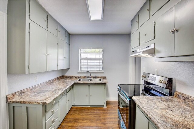 kitchen featuring stove, sink, hardwood / wood-style flooring, decorative light fixtures, and a notable chandelier