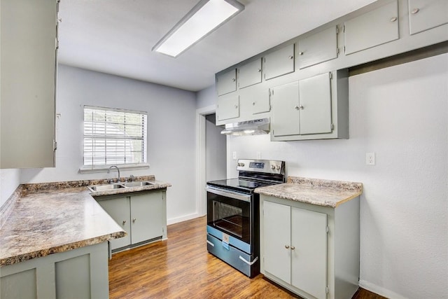 708 N US Highway 69, Celeste, TX 75423 - kitchen with a sink, stainless steel electric range oven, wood finished floors, gray cabinets, and under cabinet range hood