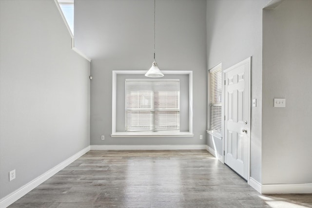 unfurnished dining area featuring a towering ceiling and light hardwood / wood-style flooring