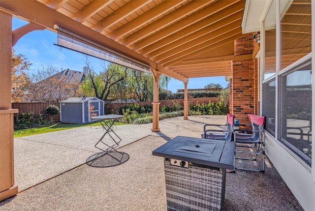 view of patio featuring a storage shed