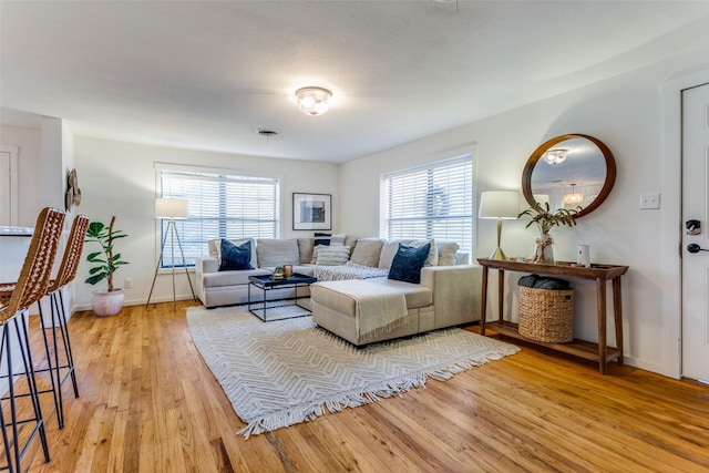 living room featuring light wood-type flooring and plenty of natural light