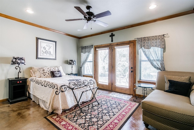 bedroom with access to exterior, ceiling fan, and crown molding