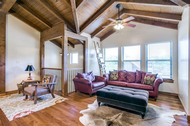 living room with light wood-type flooring, ceiling fan, beam ceiling, high vaulted ceiling, and wooden ceiling