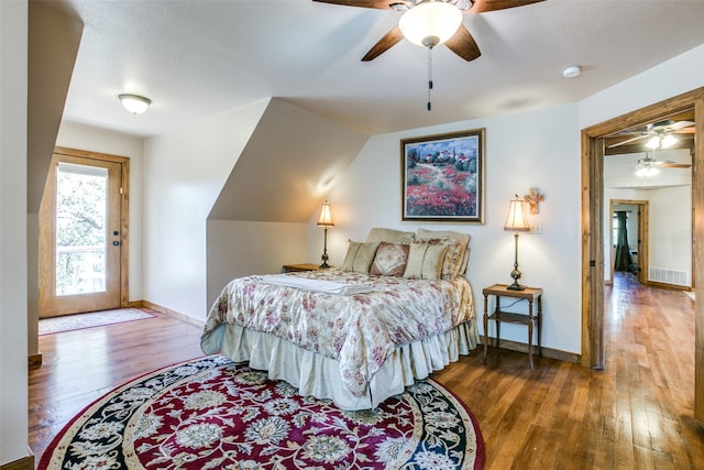 bedroom with ceiling fan and hardwood / wood-style flooring