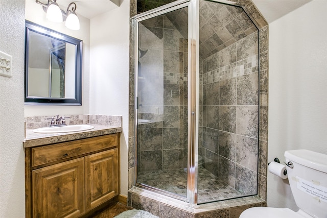 bathroom with vanity, toilet, and a shower with shower door