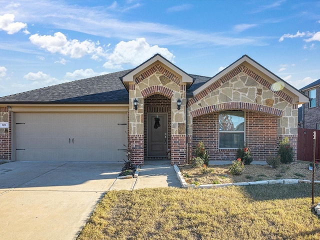 view of front facade with a front yard and a garage