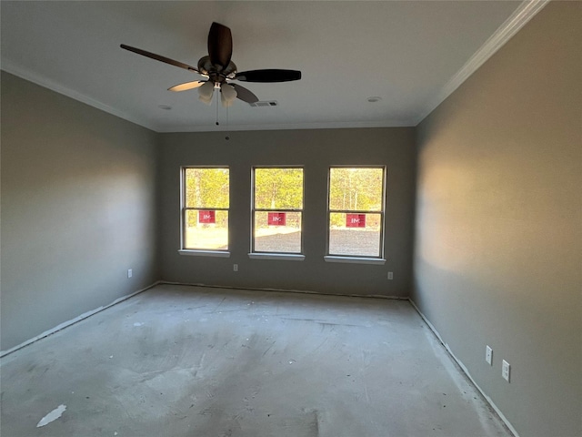 spare room with ceiling fan and ornamental molding