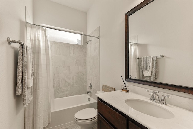 full bathroom featuring shower / bath combination with curtain, vanity, and toilet