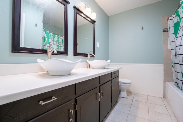 508 Squires Ln, Krugerville, TX 76227 - bathroom featuring vanity, tile patterned flooring, toilet, and shower / tub combo with curtain