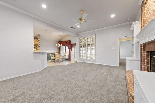 unfurnished living room with a fireplace, carpet floors, and ornamental molding