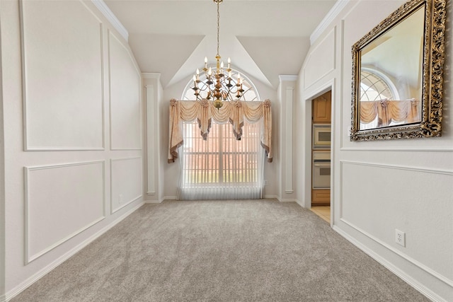 unfurnished dining area featuring light colored carpet, lofted ceiling, and an inviting chandelier