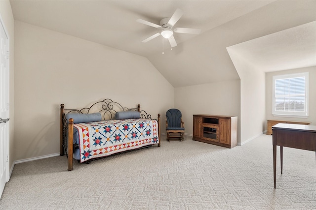 bedroom featuring carpet flooring, ceiling fan, and vaulted ceiling