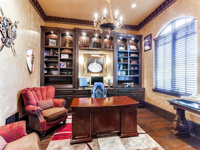 office space featuring a chandelier, wood-type flooring, and ornamental molding