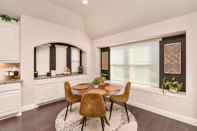 dining room with plenty of natural light, dark hardwood / wood-style flooring, and vaulted ceiling