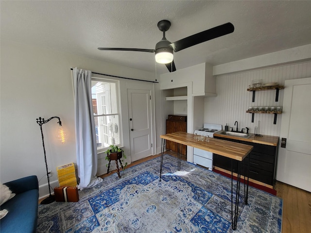 home office with a textured ceiling, ceiling fan, sink, and dark hardwood / wood-style floors