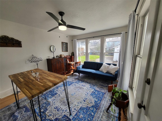 living room with hardwood / wood-style flooring, ceiling fan, and a textured ceiling