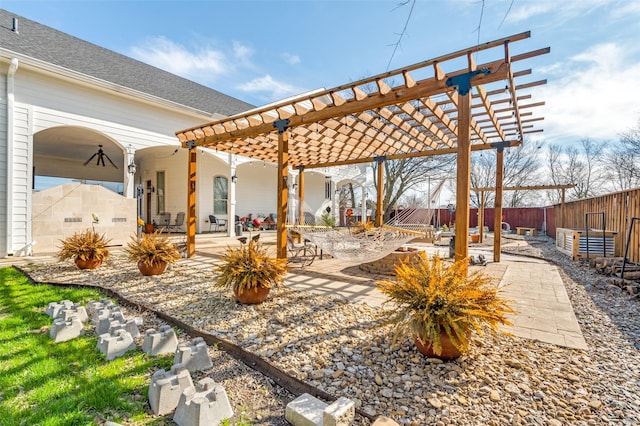 exterior space with a fenced backyard and a pergola