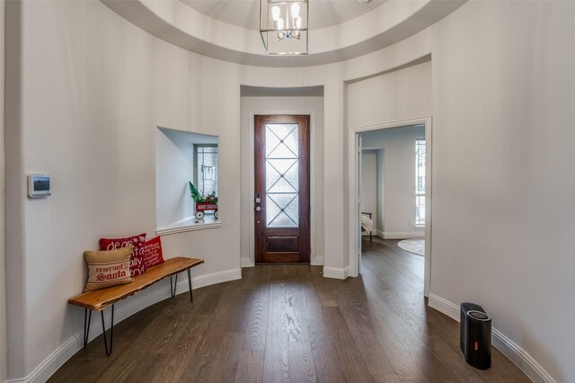 entryway with a chandelier, dark hardwood / wood-style floors, and a tray ceiling